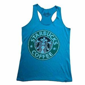 Vintage GS Jeans Women’s Starbucks Distressed Print Teal Green Tank Top Sz US S